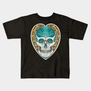 Skull head silver and turquoise in vintage heart. Kids T-Shirt